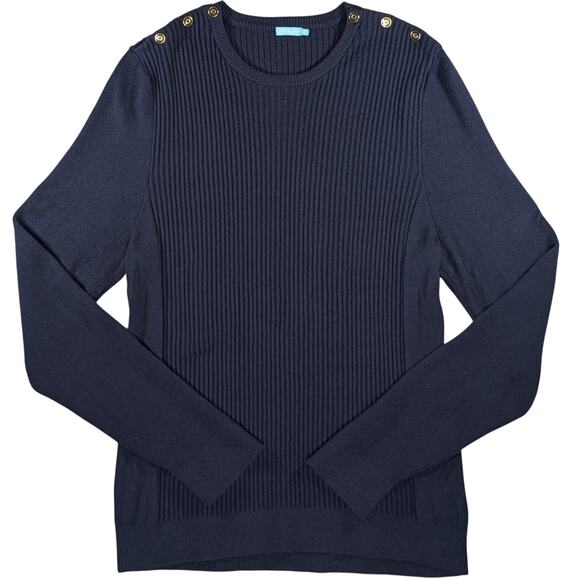 J.McLaughlin Seaspray Knit Top Sweater Navy Blue Gold Button Shoulder Size XL - Picture 2 of 16